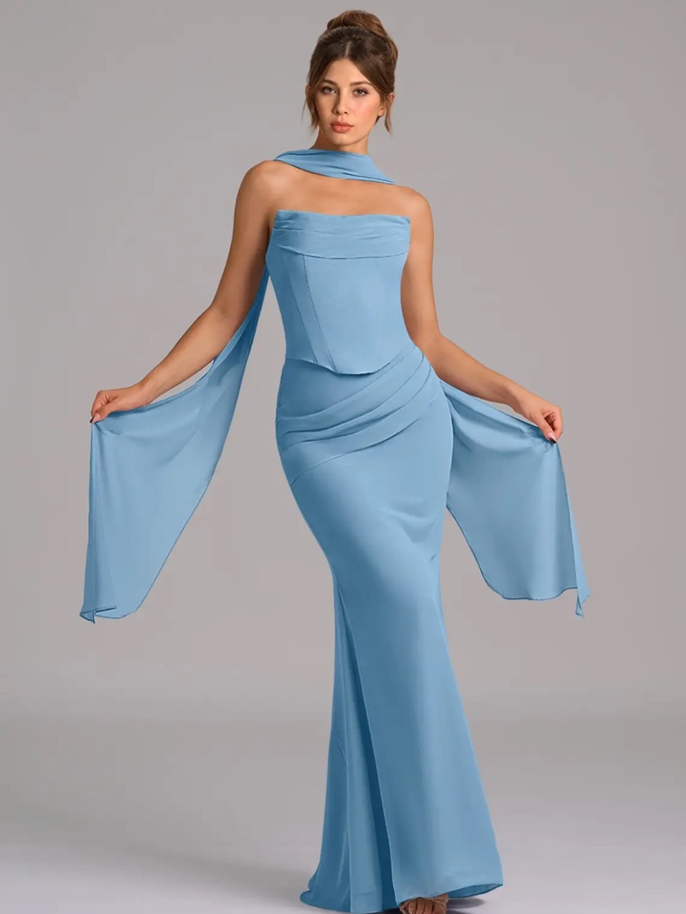 Azazie Sorrel Chiffon Gown in Steel Blue NWT